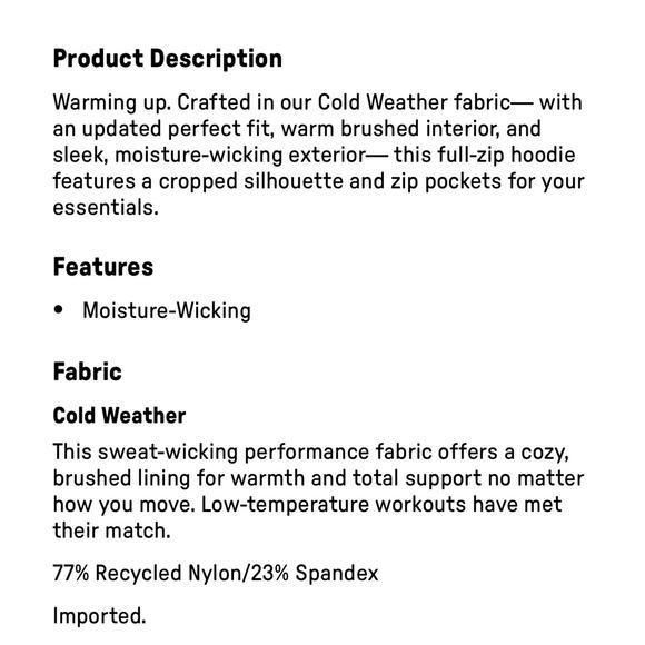 Fabletics Cold Weather Full-Zip Cropped Hoodie | Jacket New - Picture 4 of 6